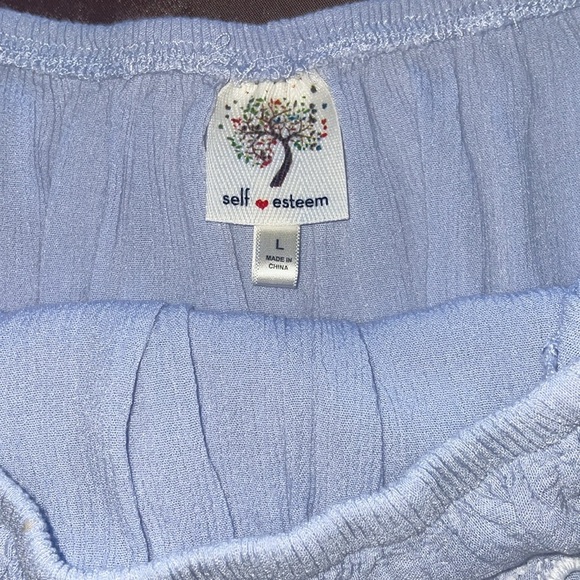 Self Esteem Blue Chambray Ruffled Off Shoulder Cropped Top White Embroidery Sz L - Picture 5 of 10